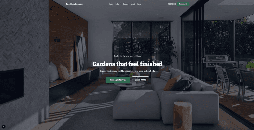 Emort Landscaping demo homepage with garden design hero