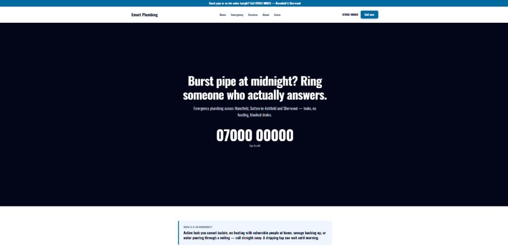 Emort Plumbing demo homepage with emergency call number
